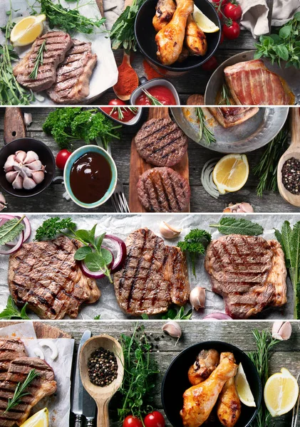 Collage Diferentes Tipos Carne Parrilla Sobre Mesa Madera Rústica — Foto de Stock