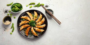 Soya soslu kızarmış gyoza köftesi ve açık gri arka planda soğan. Üst Görünüm, Boşluğu Kopyala