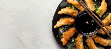 Soya soslu kızarmış gyoza köftesi ve açık gri arka planda soğan. Üst Görünüm, Boşluğu Kopyala