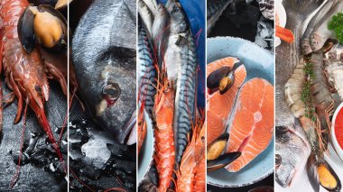 Taze çiğ balık ve deniz ürünleri kolajı. Sağlıklı beslenme konsepti.