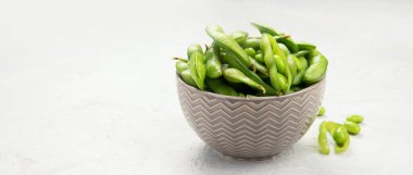 Raw edamame soya beans with salt and sauce on light gray background. Copy space, panorama