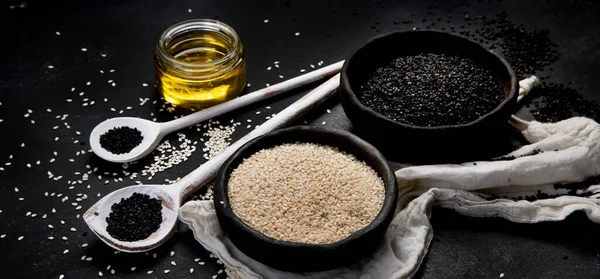 Black White Sesame Seed Black Background Organic Food Concept Top — 스톡 사진