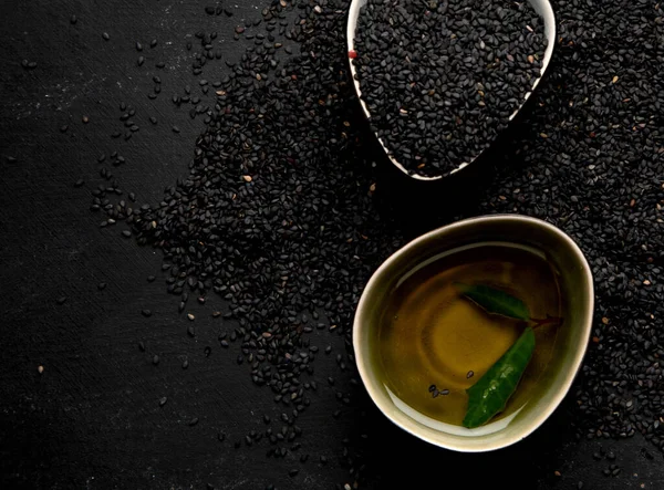 Black Sesame Seed Black Background Organic Food Concept Top View — Stockfoto