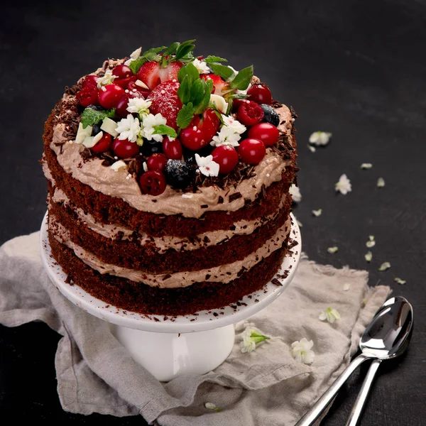 Tort Delicios Ciocolată Casă Fructe Pădure Proaspete Cremă Mascarpone Fundal — Fotografie, imagine de stoc