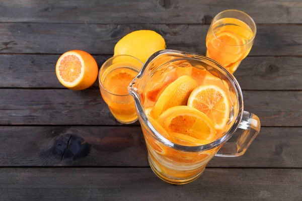 Refreshing Orange Lemonade Grey Wooden Table Summer Drinks Concept — Stock fotografie