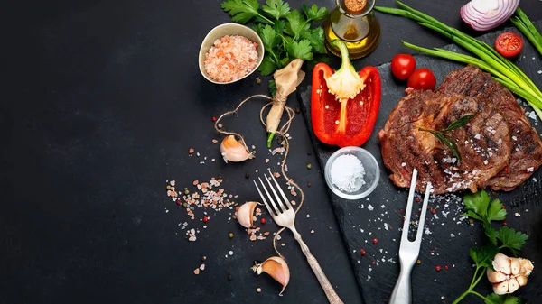 Delicious Prepared Meat Steaks Seasoning Herbs Dark Background Geilled Food — Zdjęcie stockowe