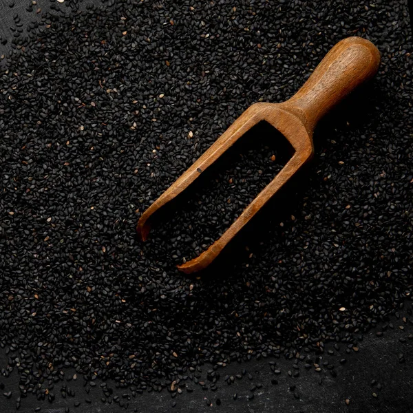 Black Sesame Seed Black Background Organic Food Concept Top View — 스톡 사진