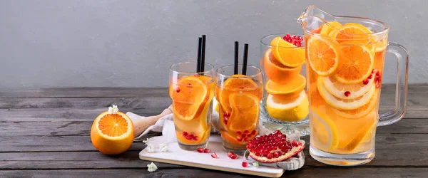 Refreshing Orange Lemonade Grey Wooden Table Summer Drinks Concept Front —  Fotos de Stock