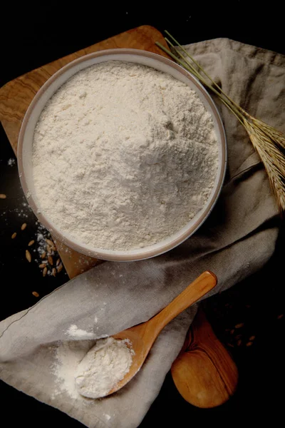 Wheat Flour Dark Background Food Preparing Concept Top View —  Fotos de Stock