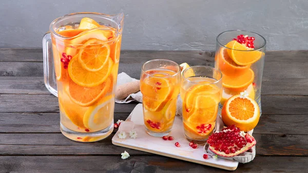 Refreshing Orange Lemonade Grey Wooden Table Summer Drinks Concept — Zdjęcie stockowe