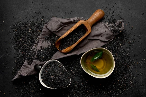 Black Sesame Seed Black Background Organic Food Concept Top View — Stockfoto