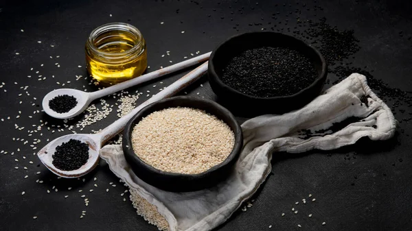 Black White Sesame Seed Black Background Organic Food Concept — Stok fotoğraf