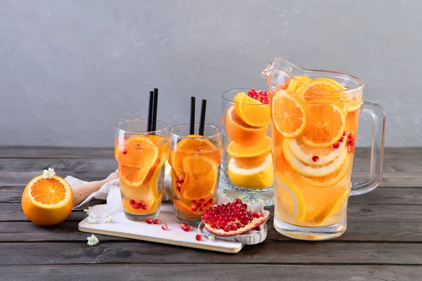 Refreshing Orange Lemonade Grey Wooden Table Summer Drinks Concept Front —  Fotos de Stock