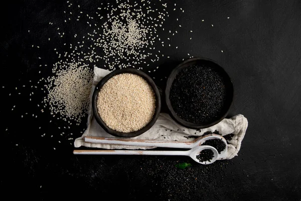 Black White Sesame Seed Black Background Organic Food Concept Top — 스톡 사진