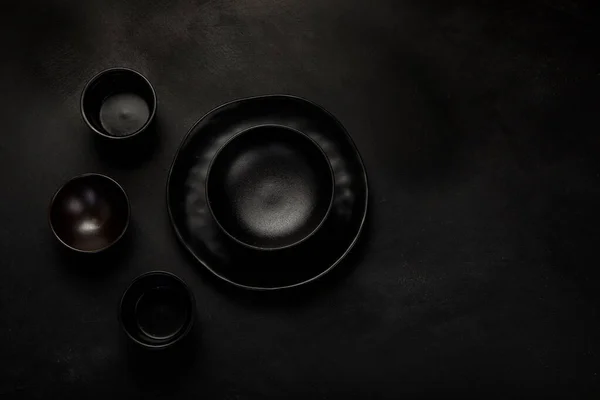 Table Setting Black Plates Black Background Minimalism Concept Top View — Photo
