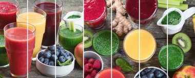 Ahşap arka planda farklı türde meyve püresi kolajı. Sağlıklı temiz ve detoks diyet yeme konsepti.