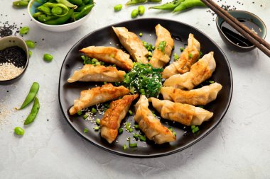 Soya soslu kızarmış gyoza köftesi ve açık gri arka planda soğan.. 