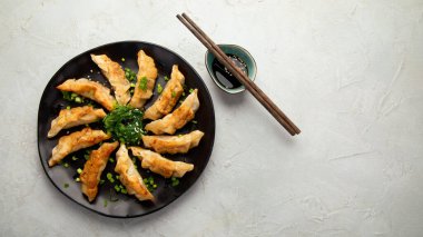 Soya soslu kızarmış gyoza köftesi ve açık gri arka planda soğan. Üst Görünüm, Boşluğu Kopyala