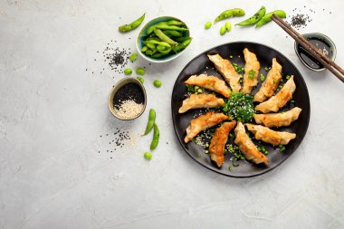 Soya soslu kızarmış gyoza köftesi ve açık gri arka planda soğan. Üst Görünüm, Boşluğu Kopyala