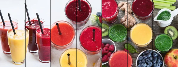 Colagem Diferentes Tipos Smoothies Fundo Madeira Conceito Saudável Alimentação Limpa — Fotografia de Stock