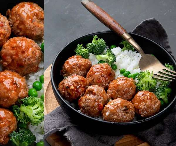 Collage Polpette Fatte Casa Con Riso Fritto Con Verdure Cibo — Foto Stock