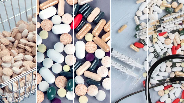 Kolaż Różnych Leków Farmaceutycznych Pigułki Tabletki Kapsułki Zarozumiałość Medyczna — Zdjęcie stockowe
