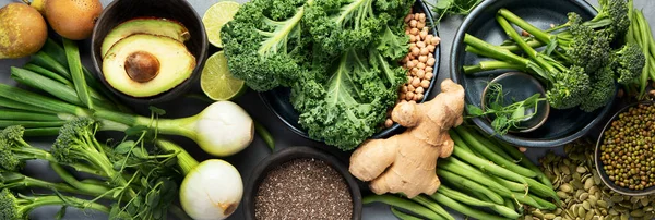 Assorted Green Vegetables Cereal Gray Background Healthy Food Concept Top — Foto de Stock