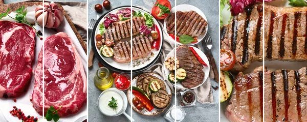 Collage Grilled Beef Steaks Vegetables —  Fotos de Stock