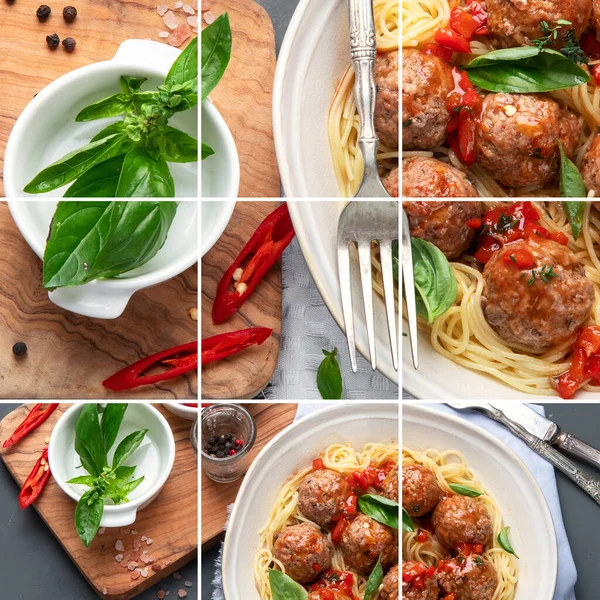 Colagem Almôndegas Com Molho Tomate Espaguete Receita Italiana Autêntica — Fotografia de Stock