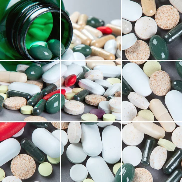 Kolaż Różnych Leków Farmaceutycznych Pigułki Tabletki Kapsułki Zarozumiałość Medyczna — Zdjęcie stockowe