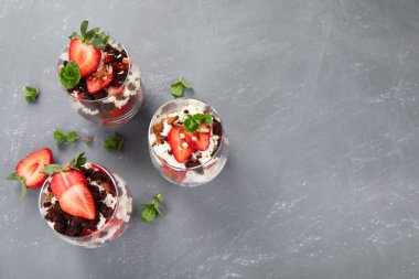 Taze böğürtlenler ve gri arka planda mascarpone kremiyle yapılan ıvır zıvırlar. Porsiyon tatlılar. Üst görünüm, alanı kopyala