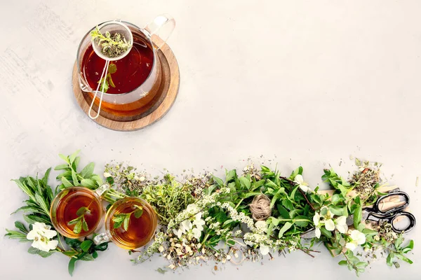 Herbal Tea Cups Teapot Light Gray Backround Top View Copy — Stock Photo, Image