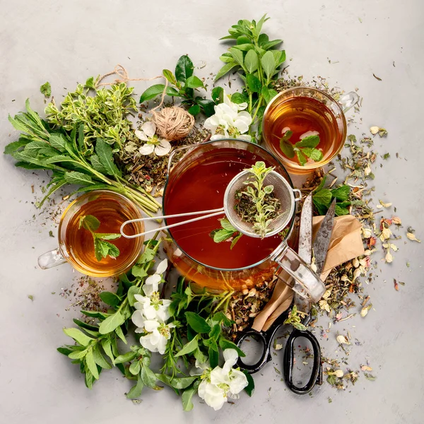 Herbal Tea Cups Teapot Light Gray Backround Top View — Stock Photo, Image