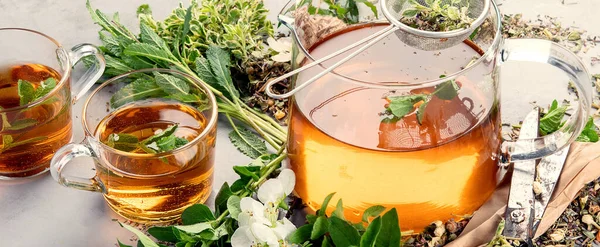 Tisane Avec Tasses Théière Sur Fond Gris Clair Panorama — Photo