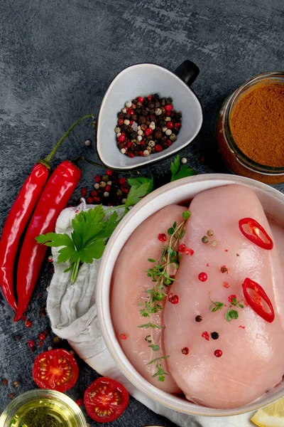 Roh Zubereitetes Hühnerfilet Zum Kochen Auf Grauem Hintergrund Gesunde Ernährung — Stockfoto