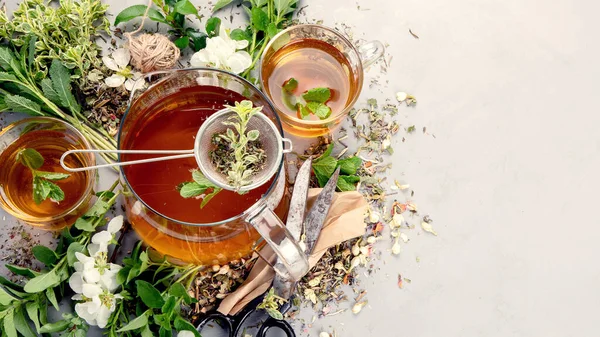 Herbal Tea Cups Teapot Light Gray Backround Top View Copy — Stock Photo, Image