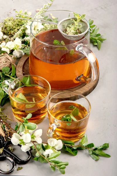 Herbal Tea Cups Teapot Light Gray Backround — Stock Photo, Image