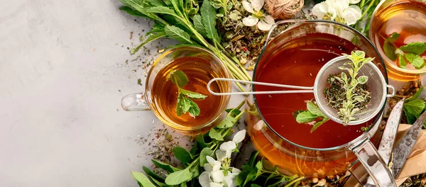 Herbal Tea Cups Teapot Light Gray Backround Top View Copy — Stock Photo, Image