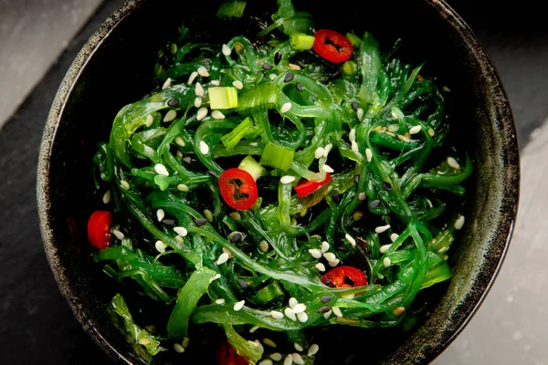 Wakame Seaweed Sesame Chilli Gray Background Asian Food Concept Top — Stock Photo, Image