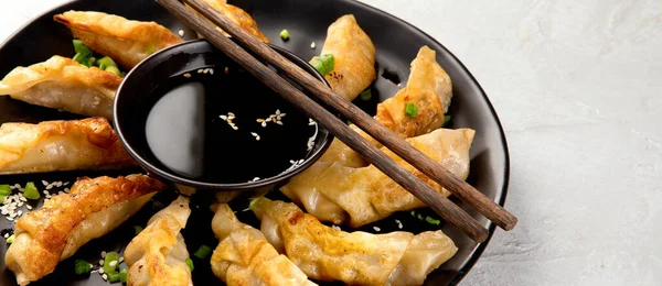 Fried Gyoza Dumplings Soy Sauce Onion Light Gray Background Copy — Stock Photo, Image