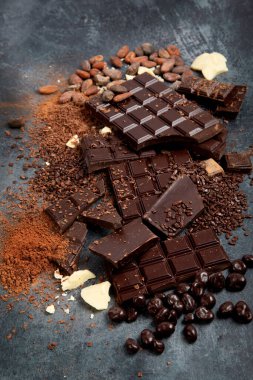 Gri arka planda kakao fasulyesi ve çikolata. 