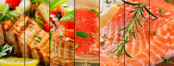 Разнообразные Блюда Лососем Концепция Здорового Питания — стоковое фото