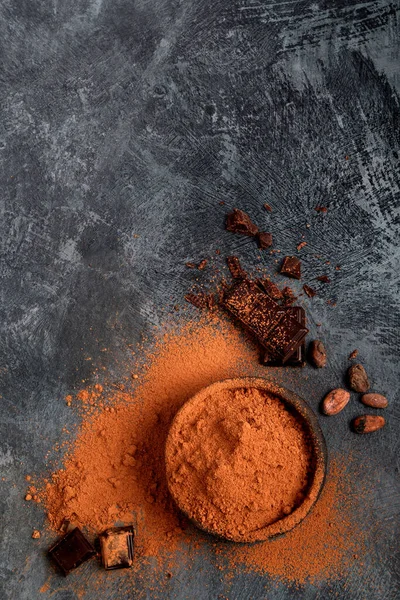 Haricots Cacao Chocolat Sur Fond Gris Concept Superfood Vue Dessus — Photo
