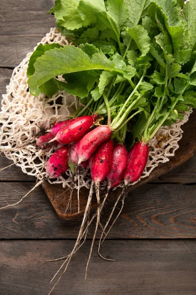 Fresh Radishes Dark Gray Background Seasonal Food Concept Top View — Stock Photo, Image