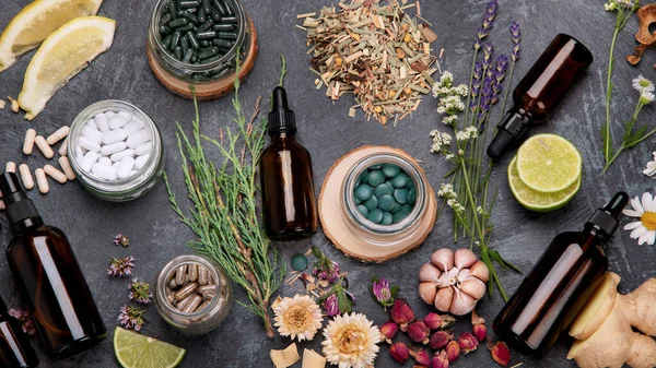 Alternative Medicine Variation Pills Herbs Homeopathy Medicine Concept Top View — Stock Photo, Image