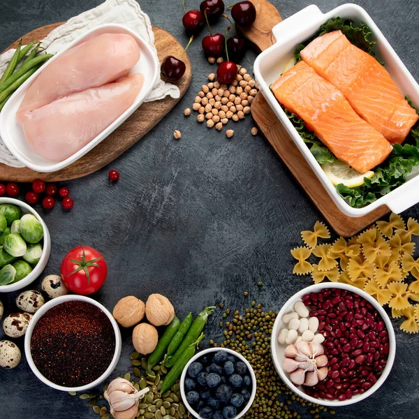 Piano Alimentare Sano Dieta Pianificazione Dei Pasti Sfondo Grigio Scuro — Foto Stock