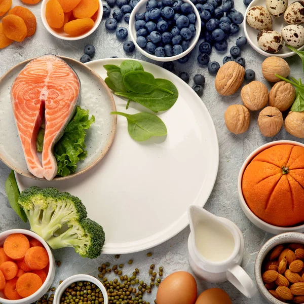 Comida Para Saúde Dos Olhos Alimentos Que Contêm Vitaminas Nutrientes — Fotografia de Stock