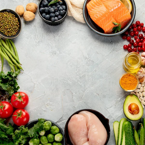 Selezione Cibo Sano Sfondo Grigio Chiaro Concetto Mangiare Pulito Vista — Foto Stock