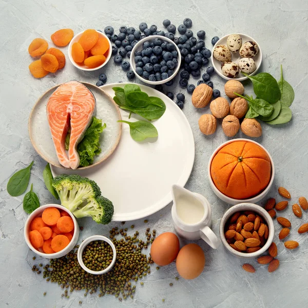 Alimentos Para Salud Los Ojos Alimentos Que Contienen Vitaminas Nutrientes — Foto de Stock