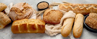 Açık gri arka planda çeşitli taze pişmiş ekmek türleri. Panorama